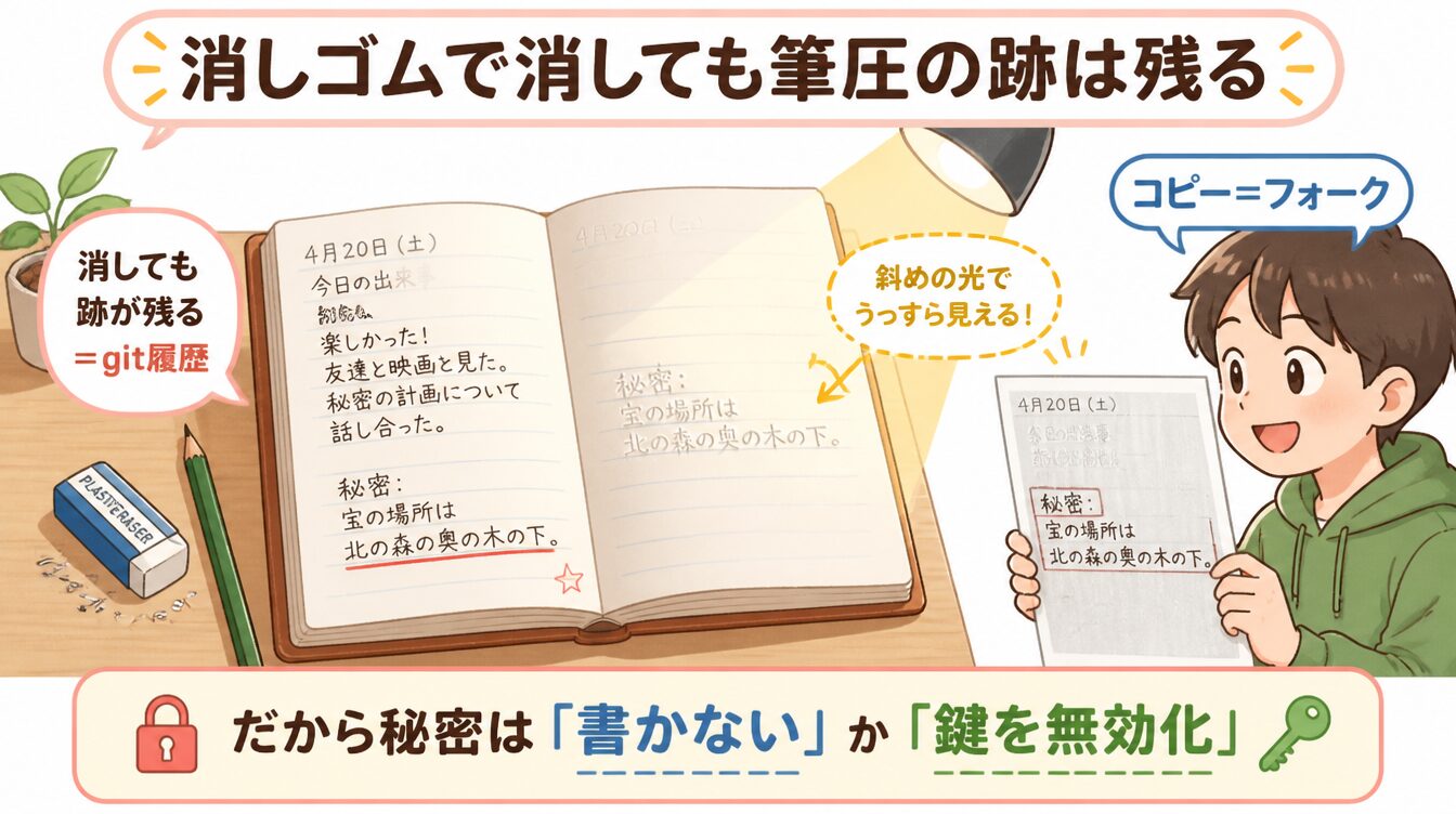 消しゴムで消しても筆圧の跡が残る日記とフォークされたコピーのたとえイラスト