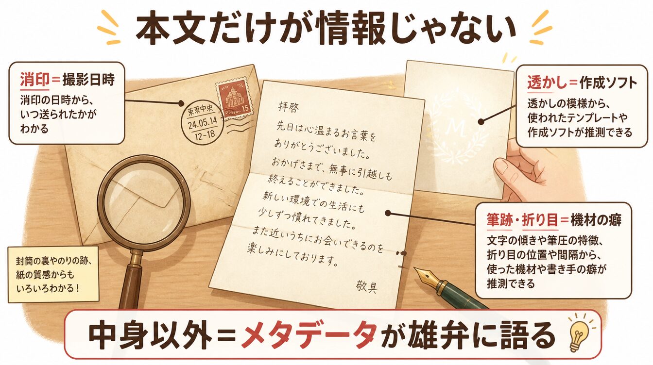 手紙の消印・透かし・筆跡が本文以外の情報を語るたとえイラスト