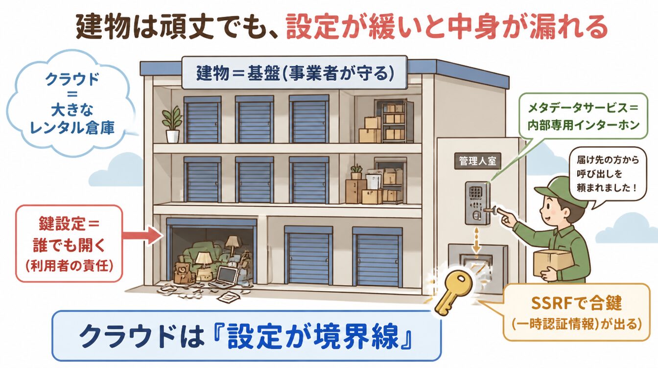 クラウドを貸倉庫ビルに例え、鍵設定の緩みとメタデータサービスのSSRFを示すイラスト