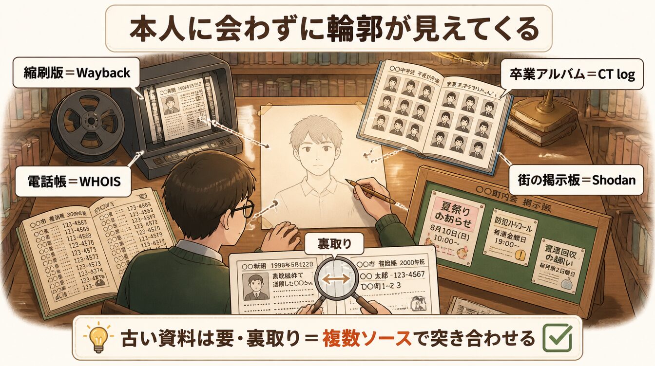本人に会わず縮刷版・アルバム・電話帳・掲示板で人物像を描き裏取りするたとえイラスト