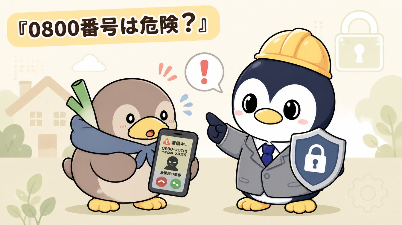 かも次郎とアンペンが「0800番号は危険？」を解説するマスコットイラスト