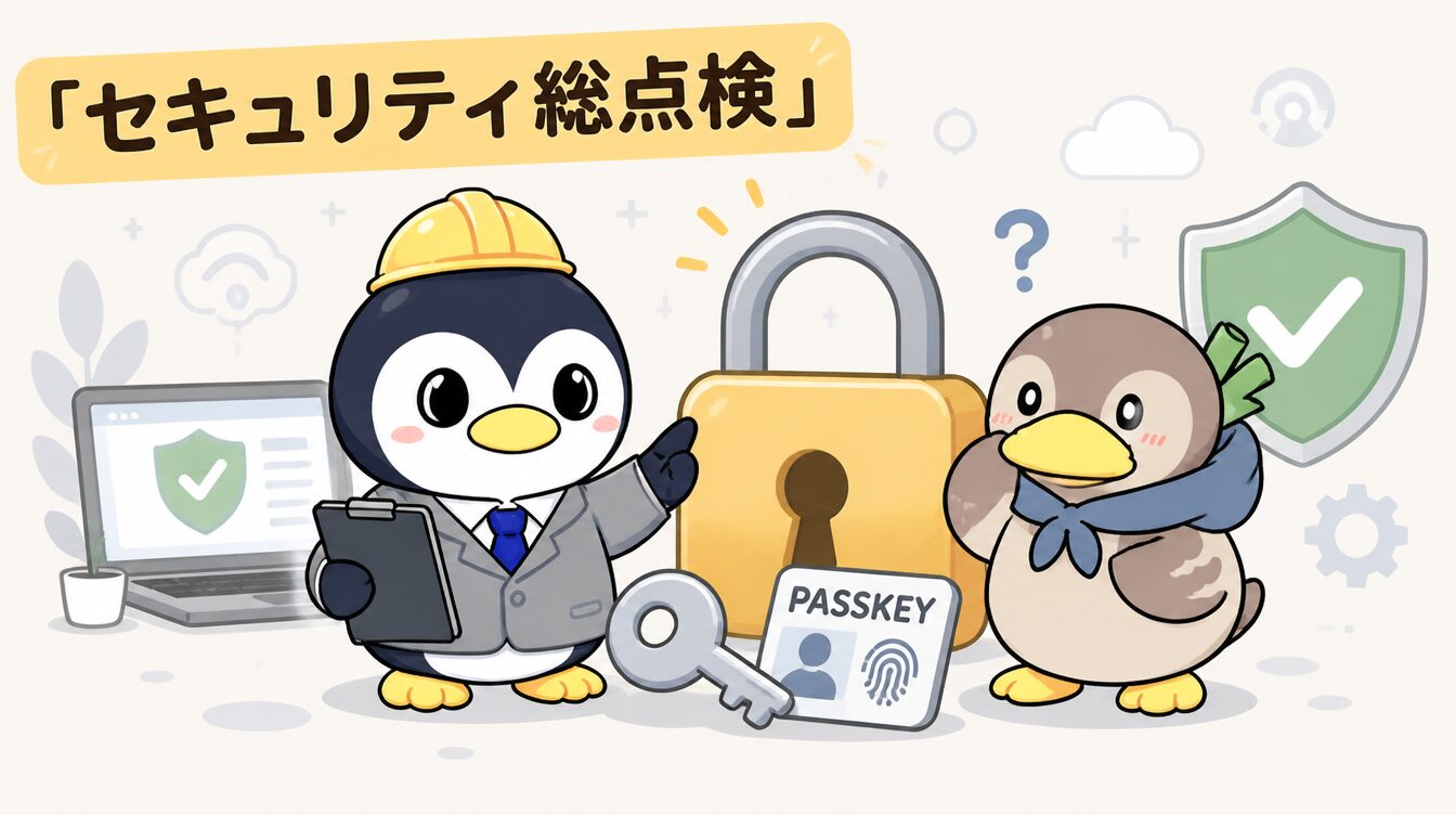 かも次郎とアンペンが「セキュリティ総点検」を解説するマスコットイラスト