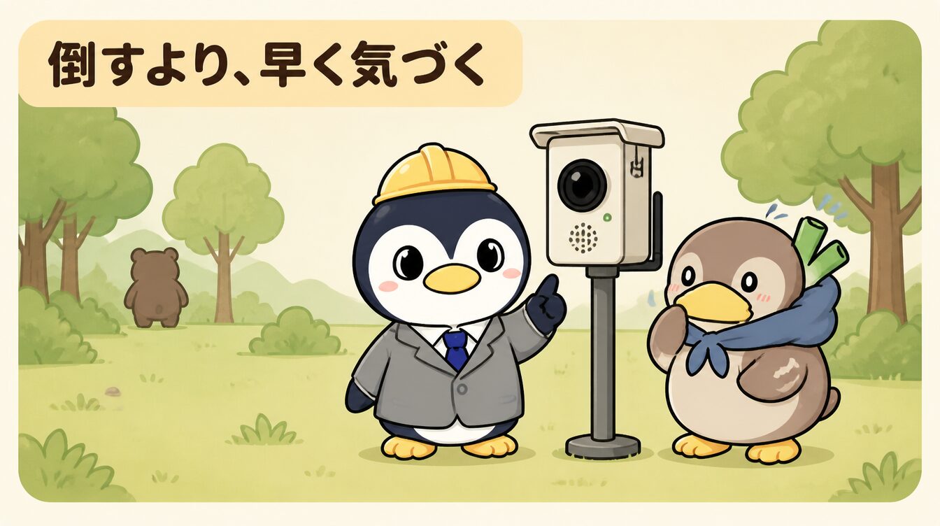 AIクマ検知システムBE ALERTの解説イラスト。屋外のAI監視カメラを指して説明する探偵ペンギンと見守る茶色いカモ、遠くに小さく無害なクマ。倒すより早く気づくがテーマ