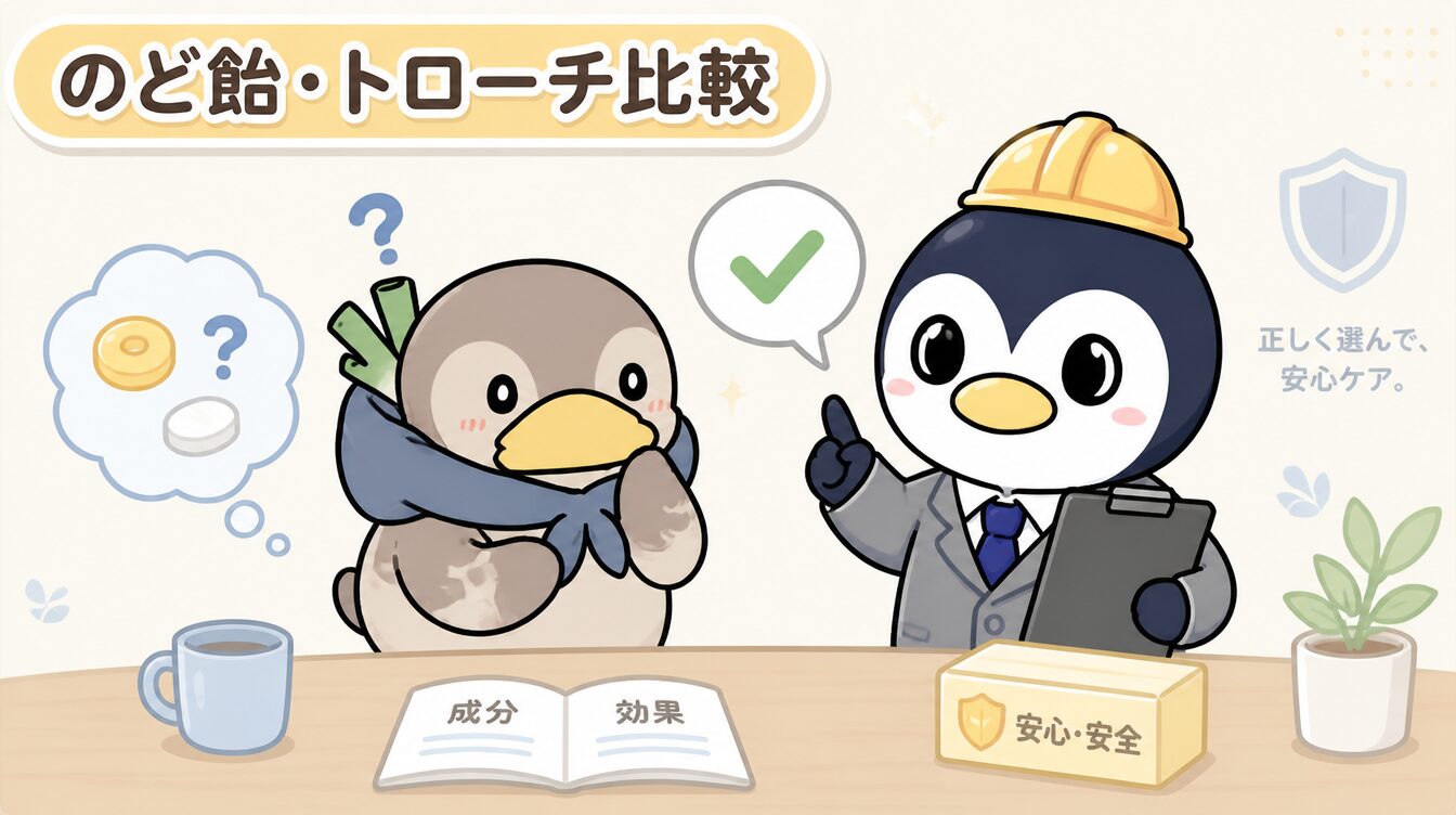 かも次郎とアンペンが「のど飴・トローチ比較」を解説するマスコットイラスト
