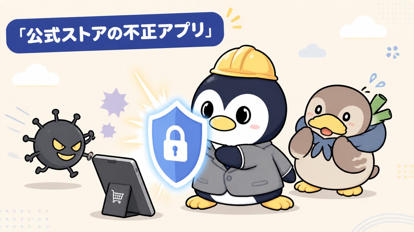 かも次郎とアンペンが「公式ストアの不正アプリ」を解説するマスコットイラスト