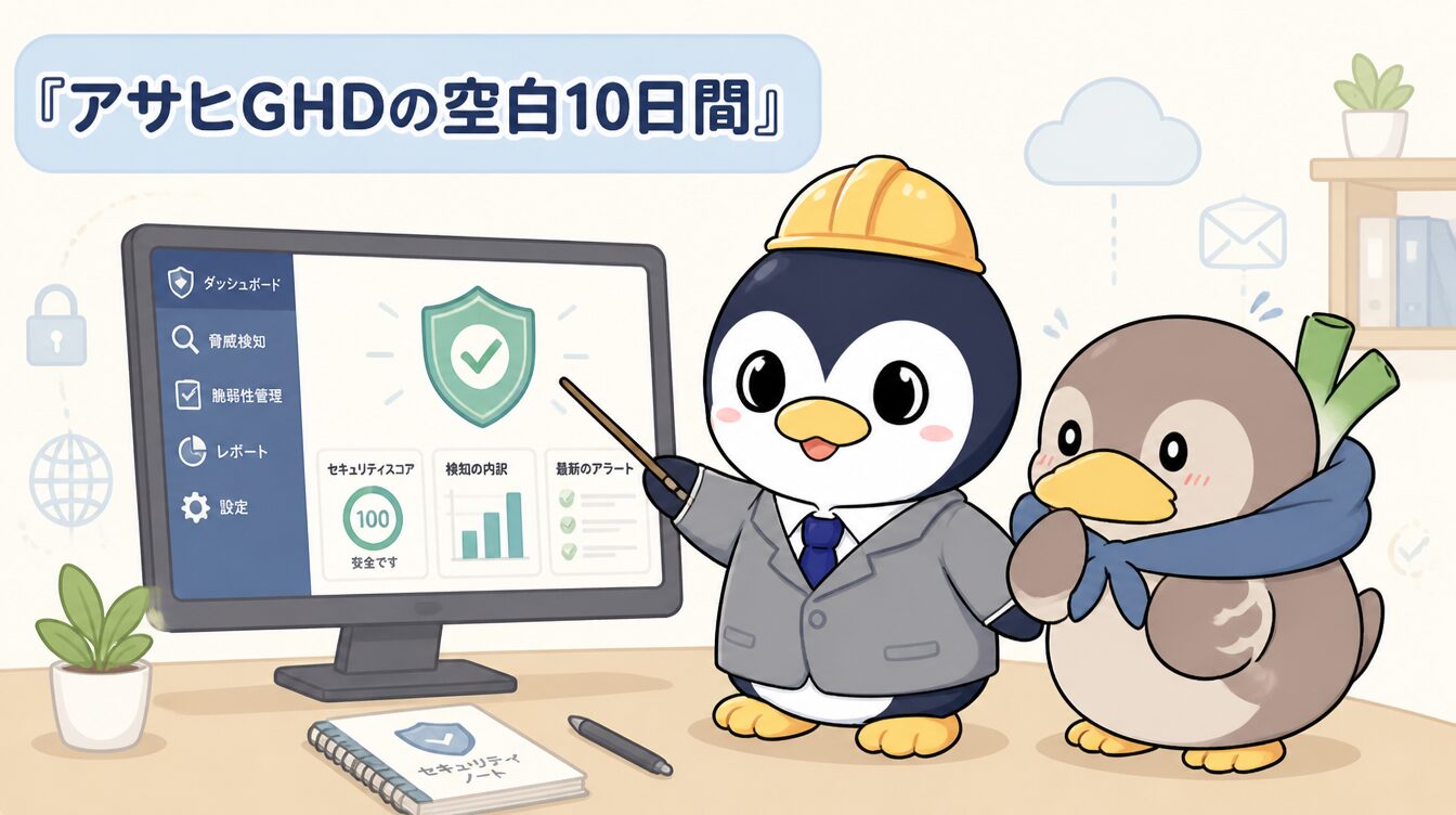 かも次郎とアンペンが「アサヒGHDの空白10日間」を解説するマスコットイラスト