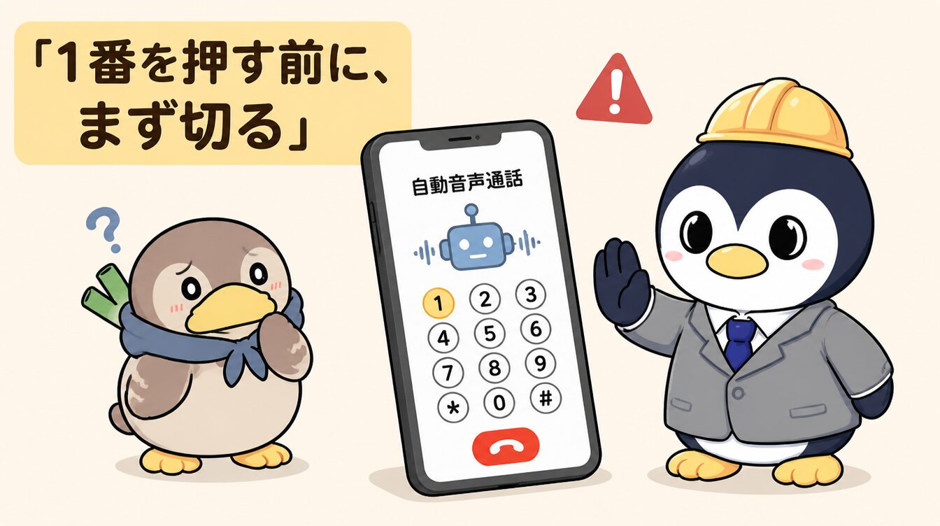 「電話が止まる」という自動音声の着信を前に、かも次郎が迷い、探偵役のアンペンが手で制止して「1番を押す前に、まず切る」と伝えるマスコットイラスト