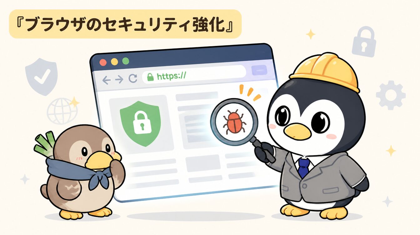 かも次郎とアンペンが「ブラウザのセキュリティ強化」を解説するマスコットイラスト