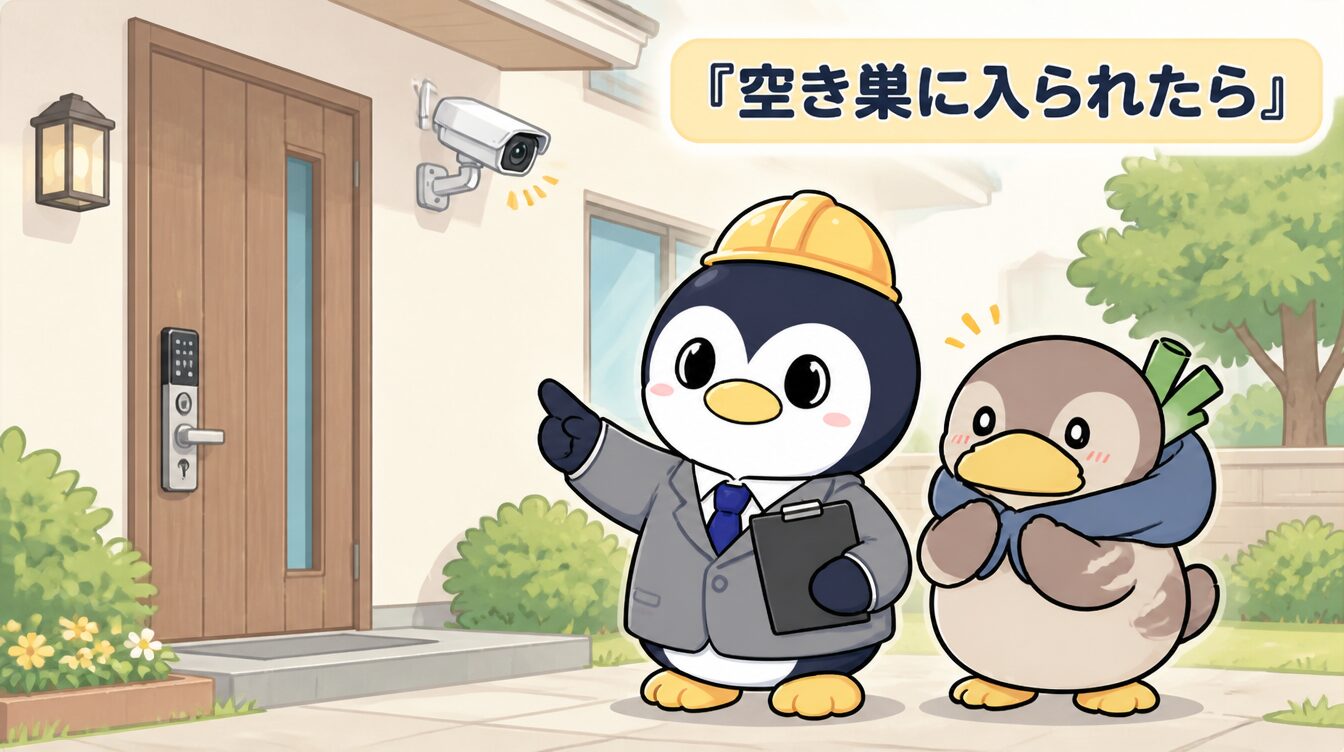 かも次郎とアンペンが「空き巣に入られたら」を解説するマスコットイラスト