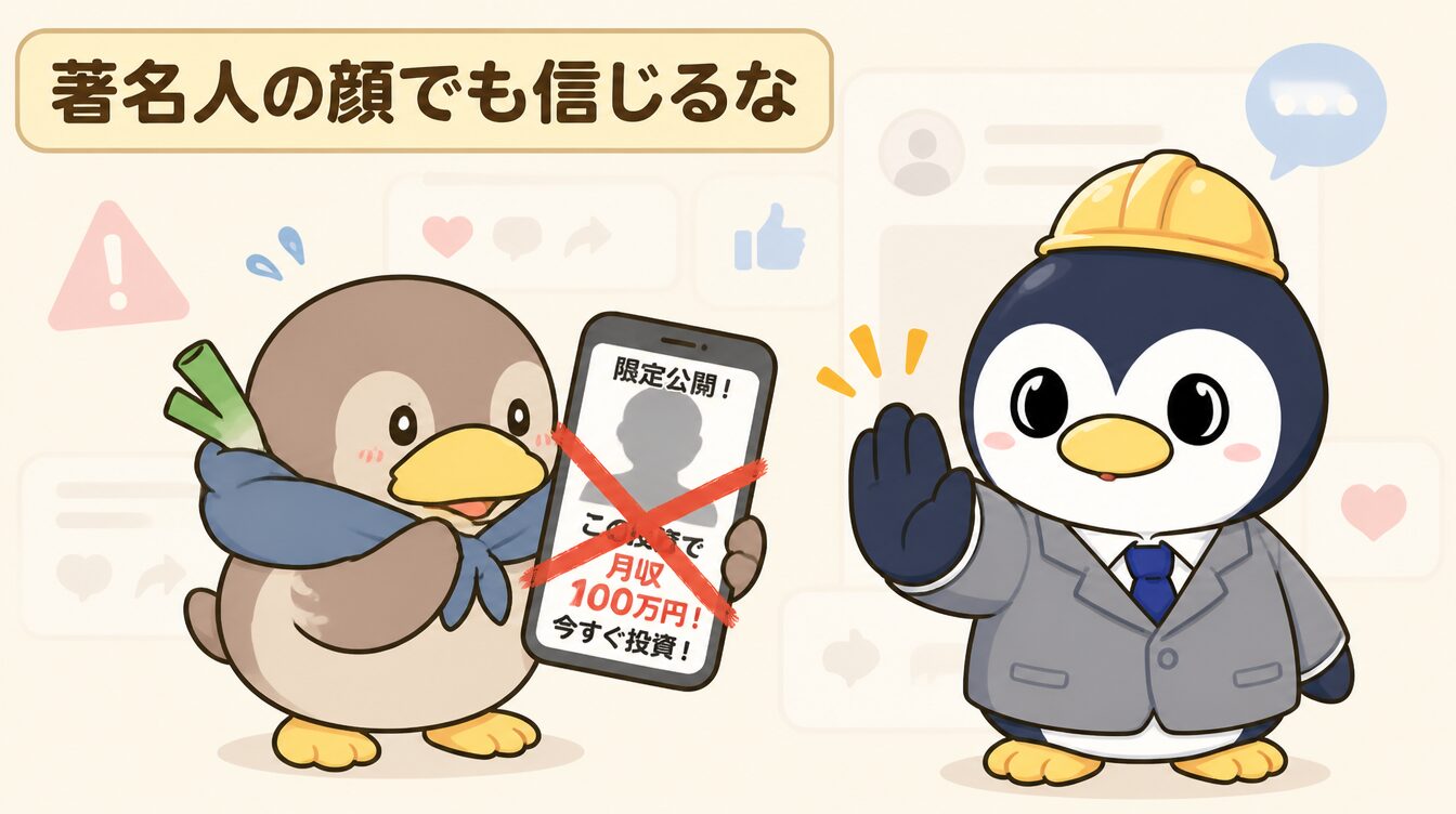 著名人なりすまし投資広告に警戒するアンペンとかも次郎
