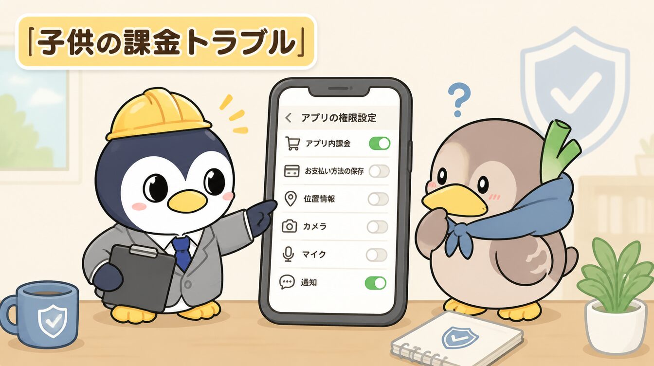 かも次郎とアンペンが「子供の課金トラブル」を解説するマスコットイラスト