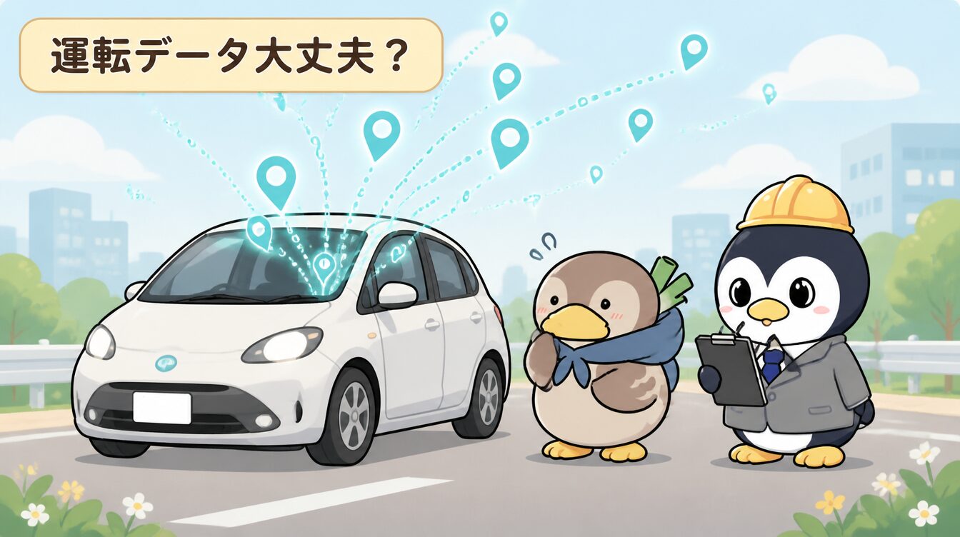 かも次郎とアンペンが「運転データ大丈夫？」を解説するマスコットイラスト