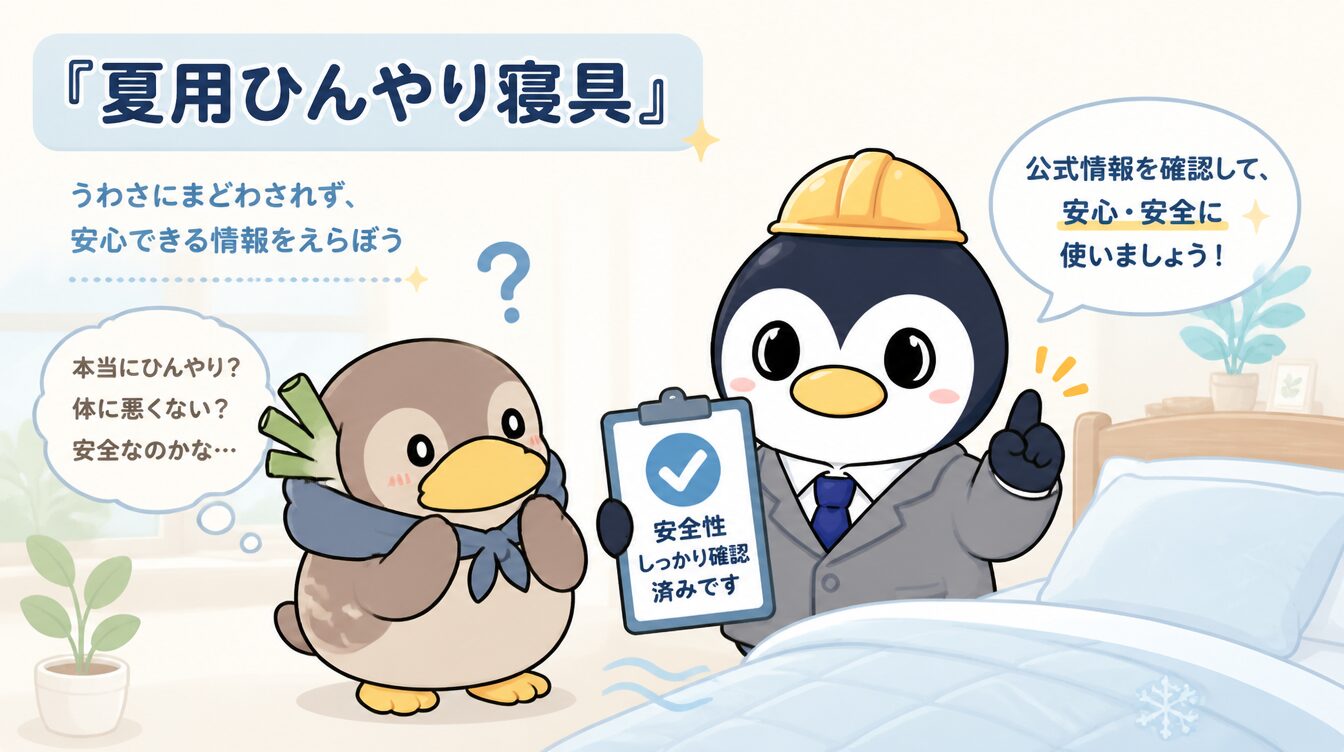 かも次郎とアンペンが「夏用ひんやり寝具」を解説するマスコットイラスト