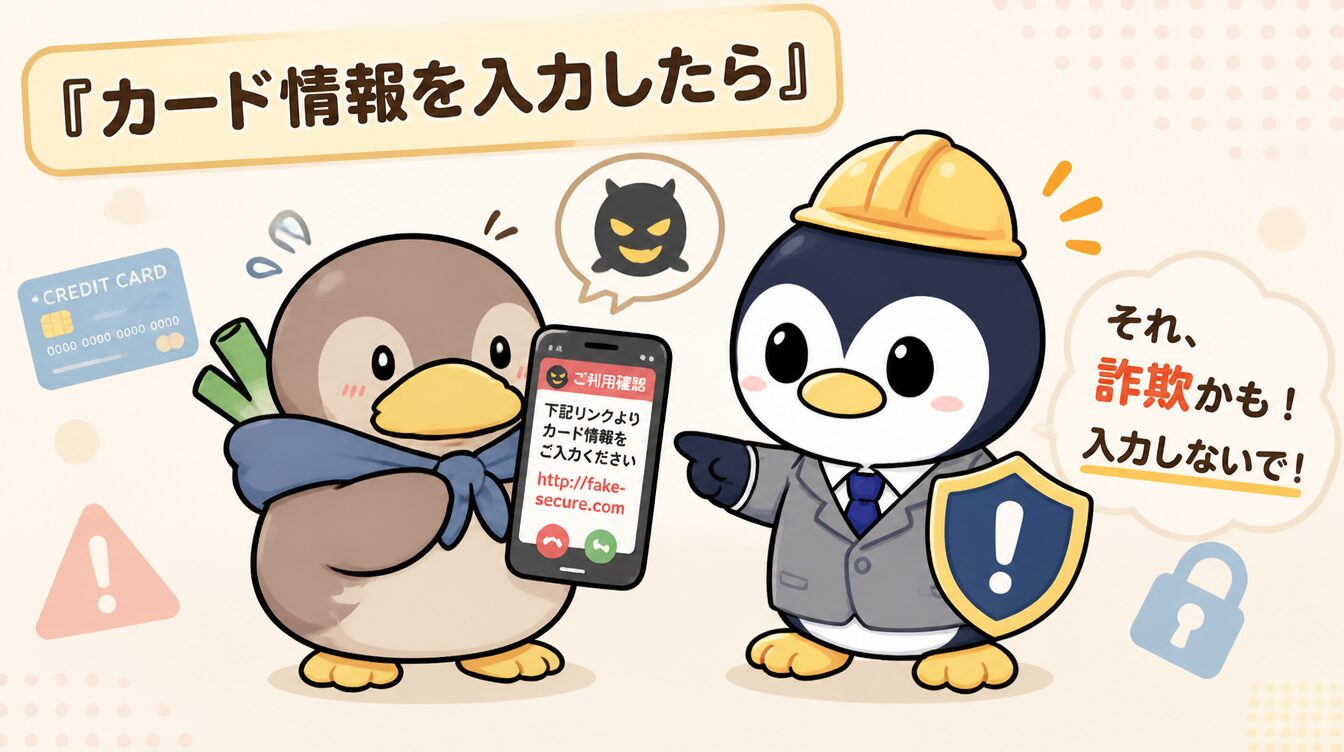 かも次郎とアンペンが「カード情報を入力したら」を解説するマスコットイラスト