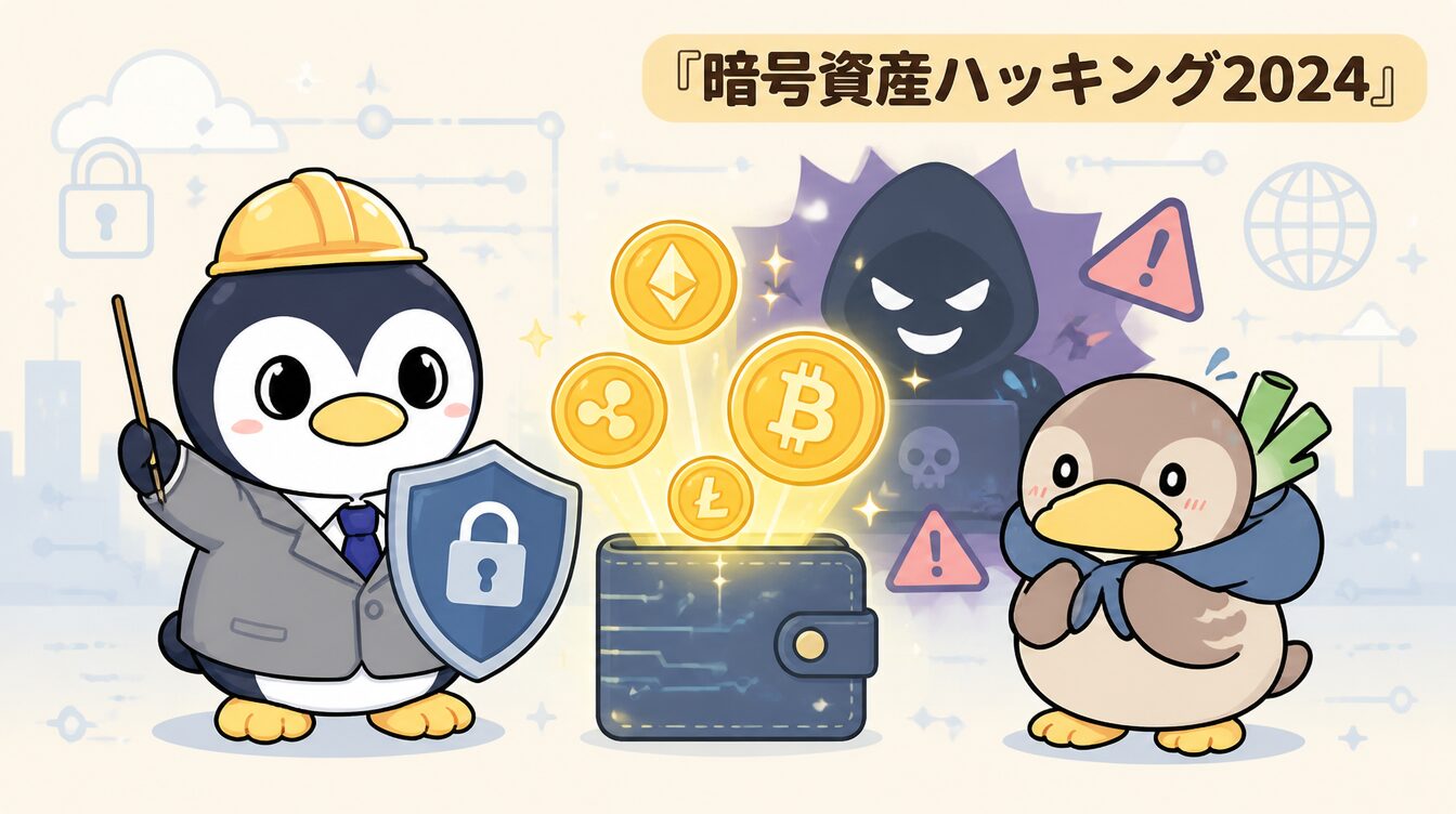 かも次郎とアンペンが「暗号資産ハッキング2024」を解説するマスコットイラスト