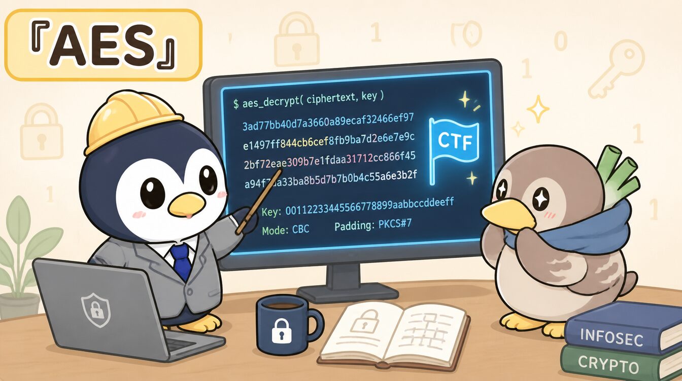 かも次郎とアンペンが「AES」を解説するマスコットイラスト