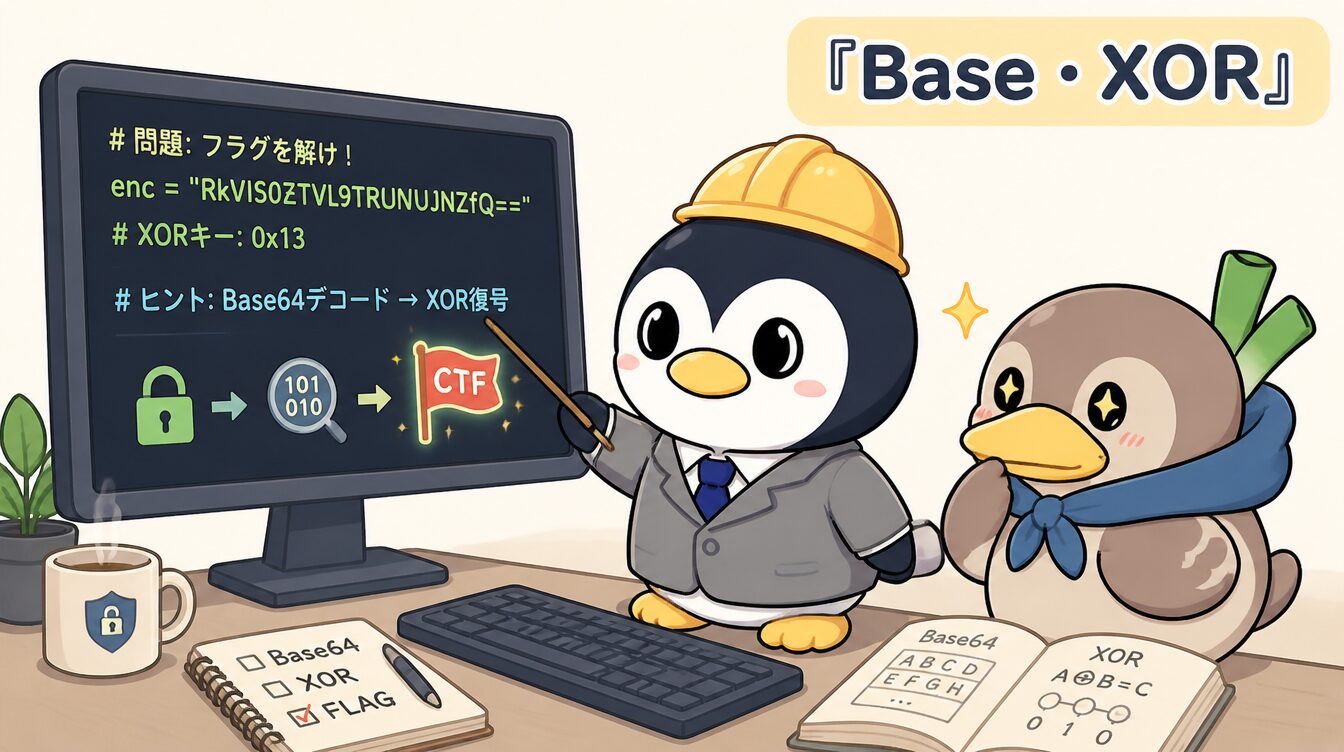 かも次郎とアンペンが「Base・XOR」を解説するマスコットイラスト