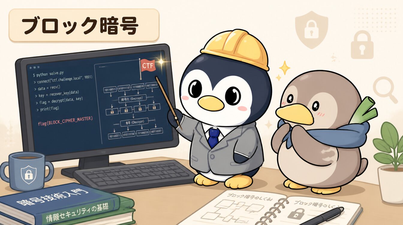 かも次郎とアンペンが「ブロック暗号」を解説するマスコットイラスト