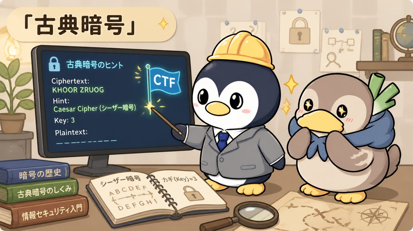 かも次郎とアンペンが「古典暗号」を解説するマスコットイラスト