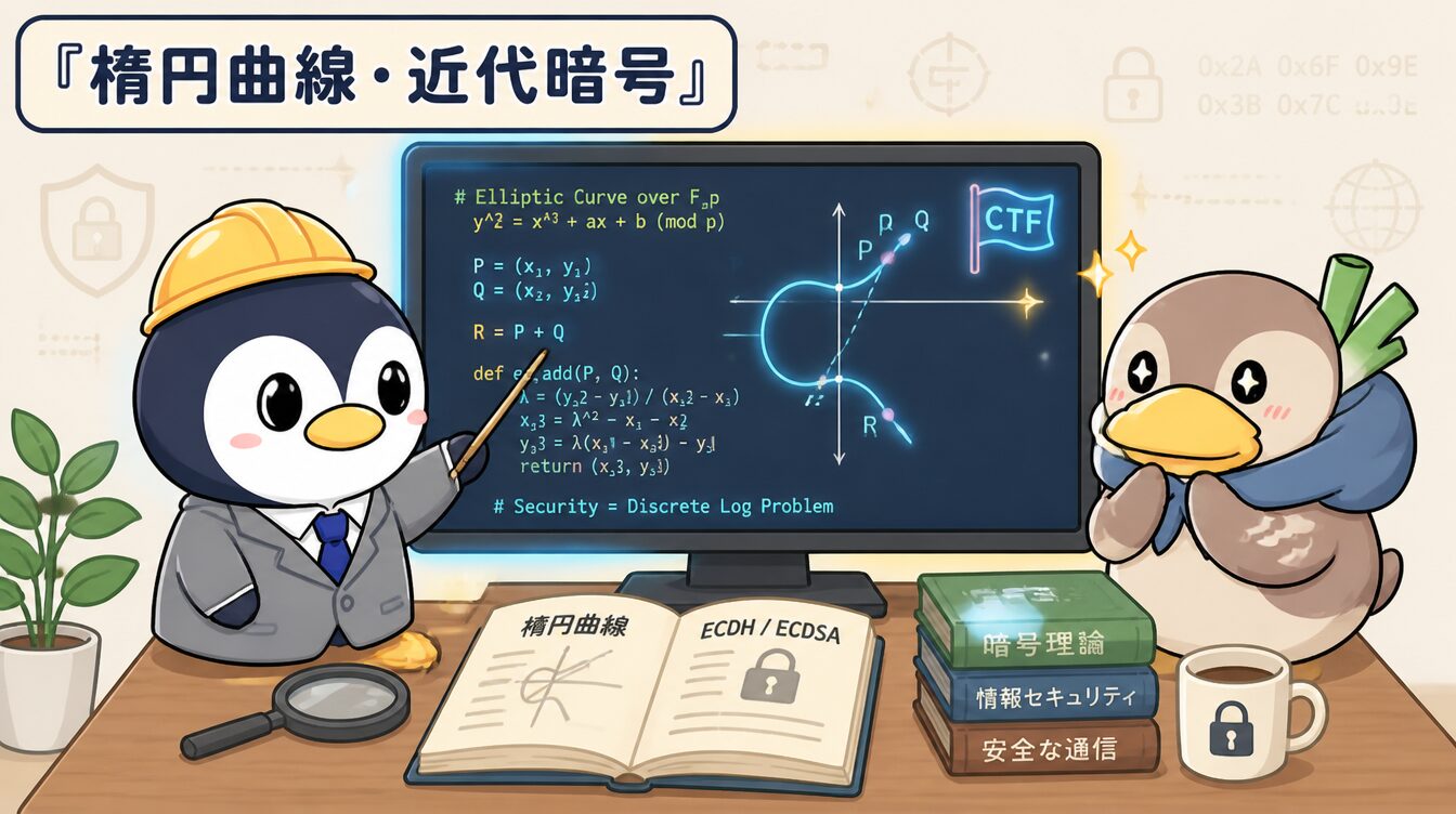 かも次郎とアンペンが「楕円曲線・近代暗号」を解説するマスコットイラスト