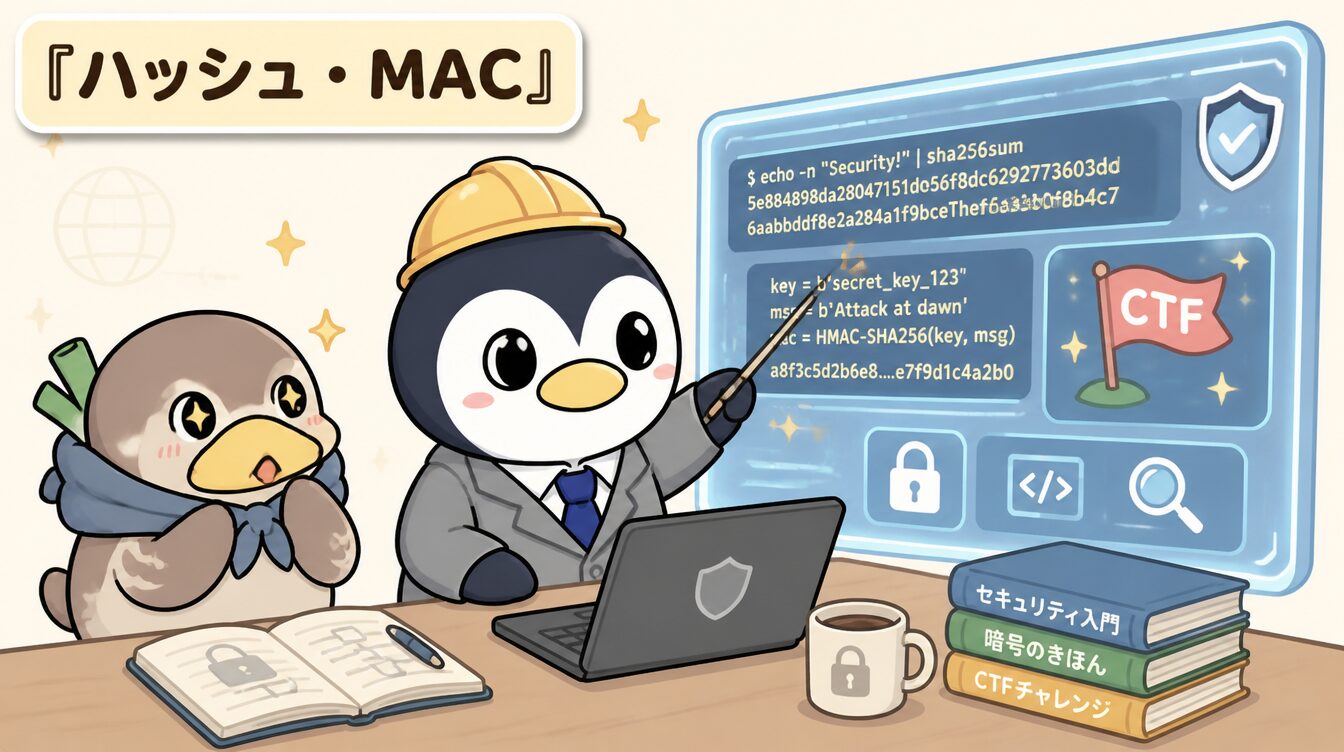 かも次郎とアンペンが「ハッシュ・MAC」を解説するマスコットイラスト