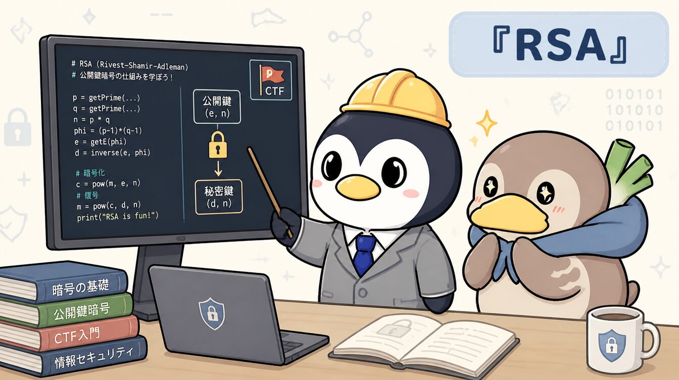 かも次郎とアンペンが「RSA」を解説するマスコットイラスト