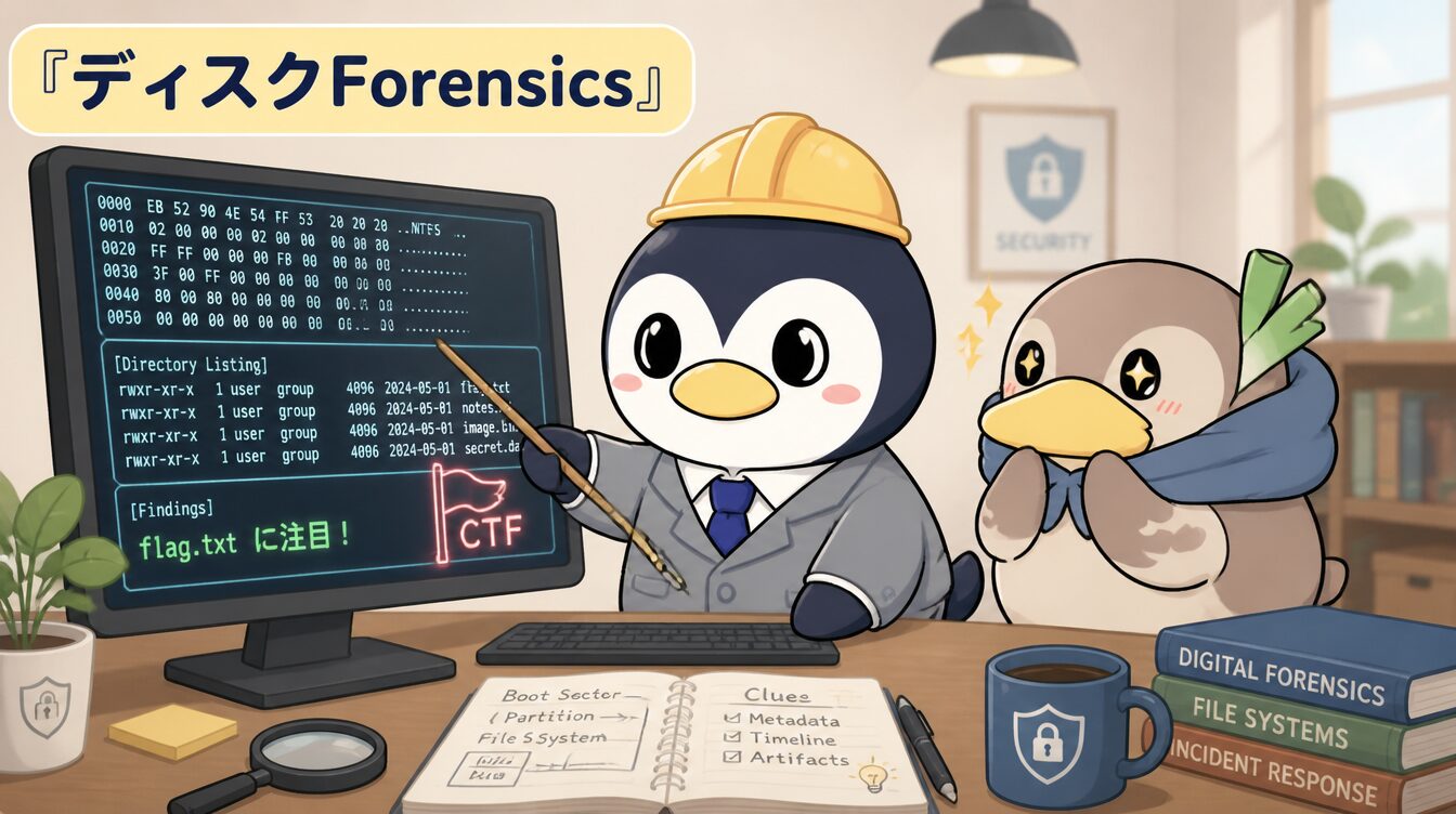 かも次郎とアンペンが「ディスクForensics」を解説するマスコットイラスト