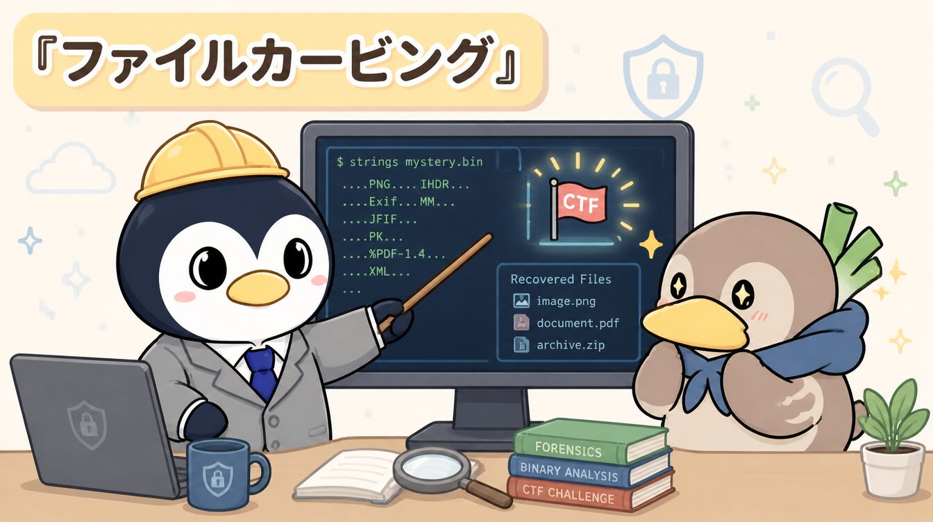 かも次郎とアンペンが「ファイルカービング」を解説するマスコットイラスト