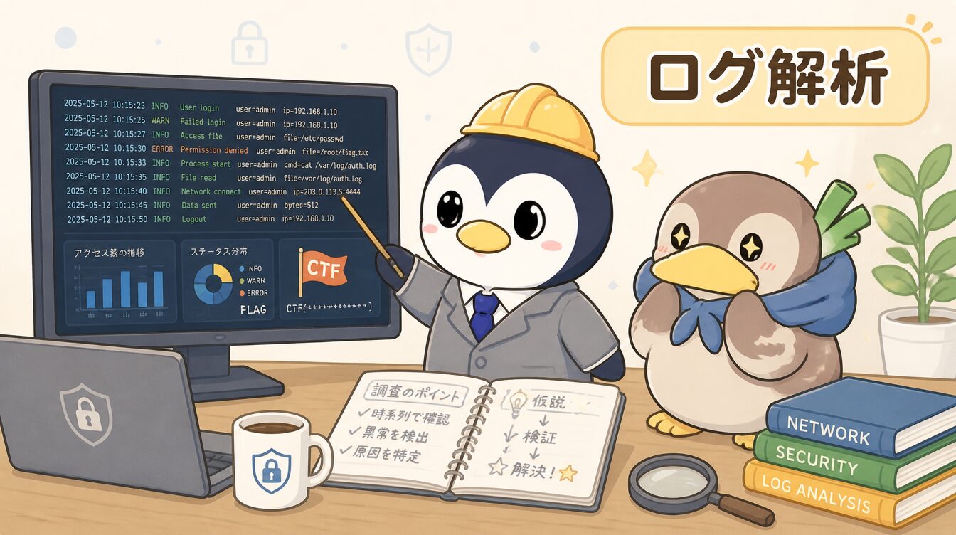 かも次郎とアンペンが「ログ解析」を解説するマスコットイラスト