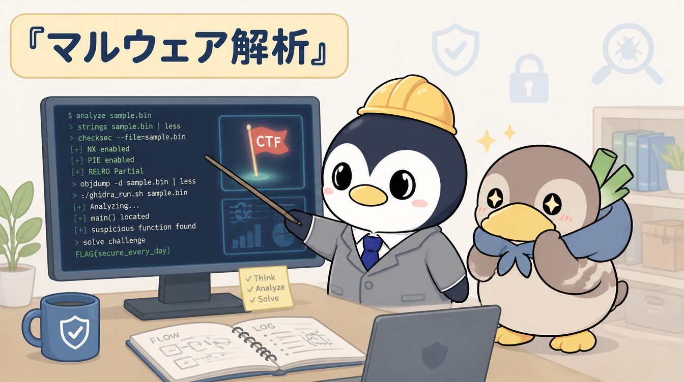 かも次郎とアンペンが「マルウェア解析」を解説するマスコットイラスト