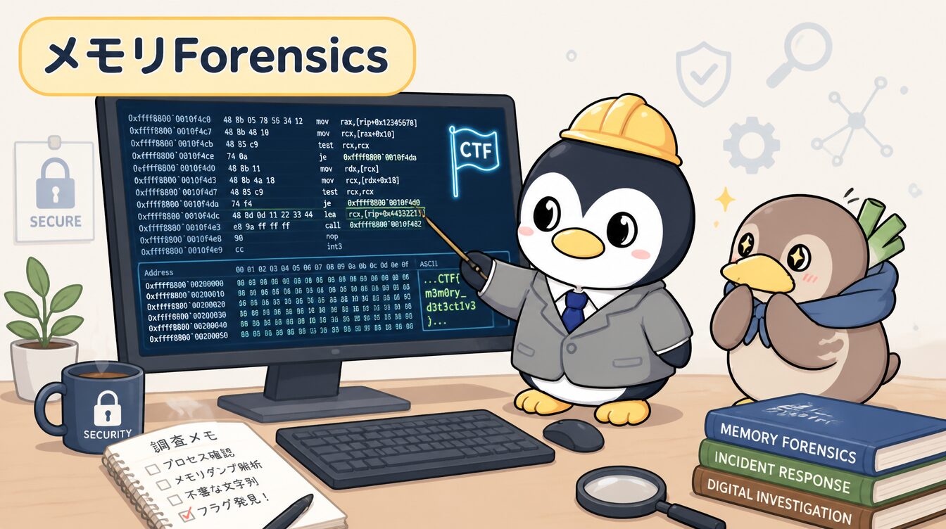 かも次郎とアンペンが「メモリForensics」を解説するマスコットイラスト