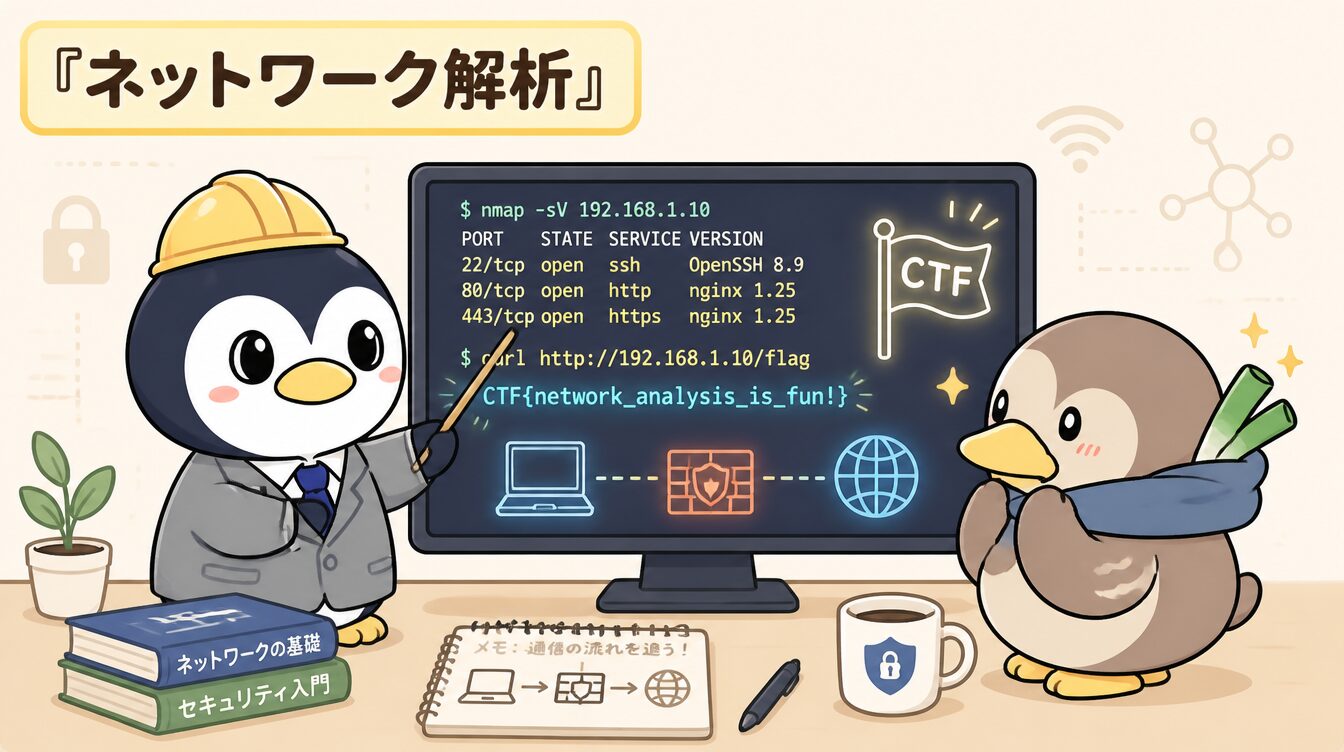 かも次郎とアンペンが「ネットワーク解析」を解説するマスコットイラスト