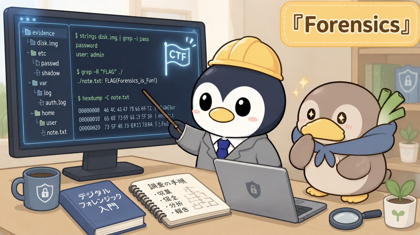 かも次郎とアンペンが「Forensics」を解説するマスコットイラスト