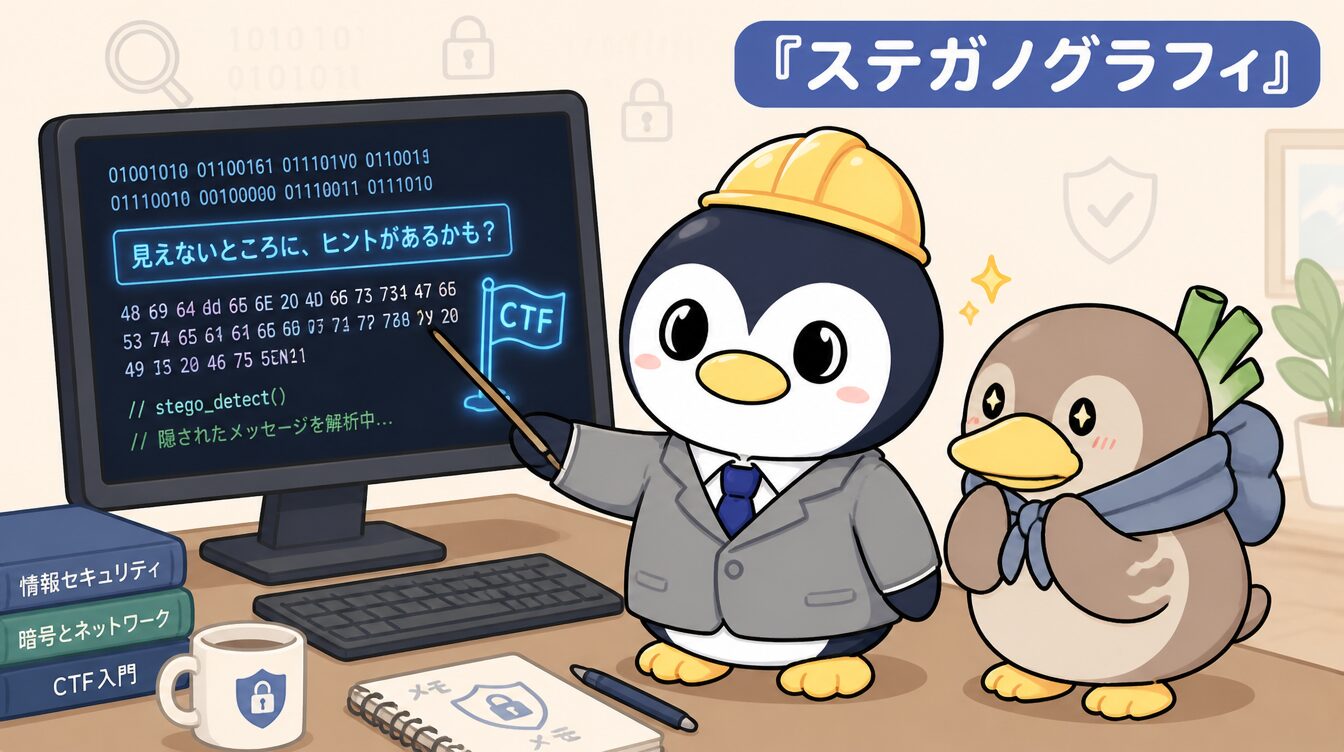 かも次郎とアンペンが「ステガノグラフィ」を解説するマスコットイラスト