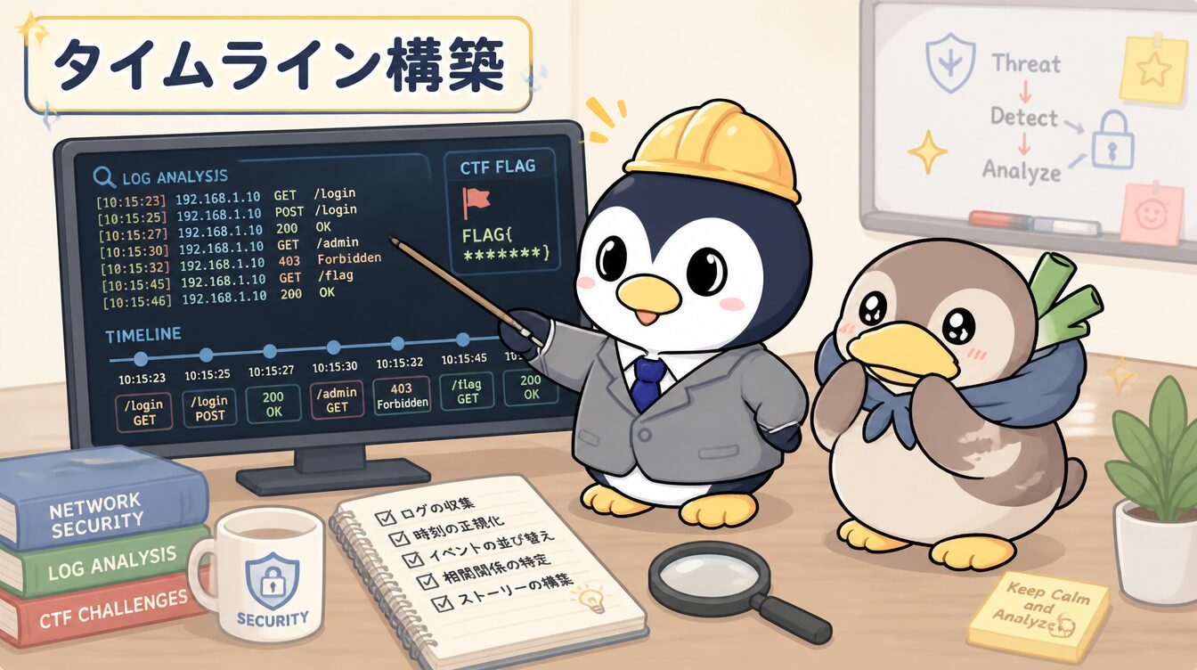 かも次郎とアンペンが「タイムライン構築」を解説するマスコットイラスト