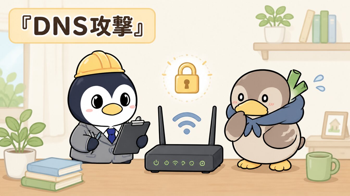 かも次郎とアンペンが「DNS攻撃」を解説するマスコットイラスト