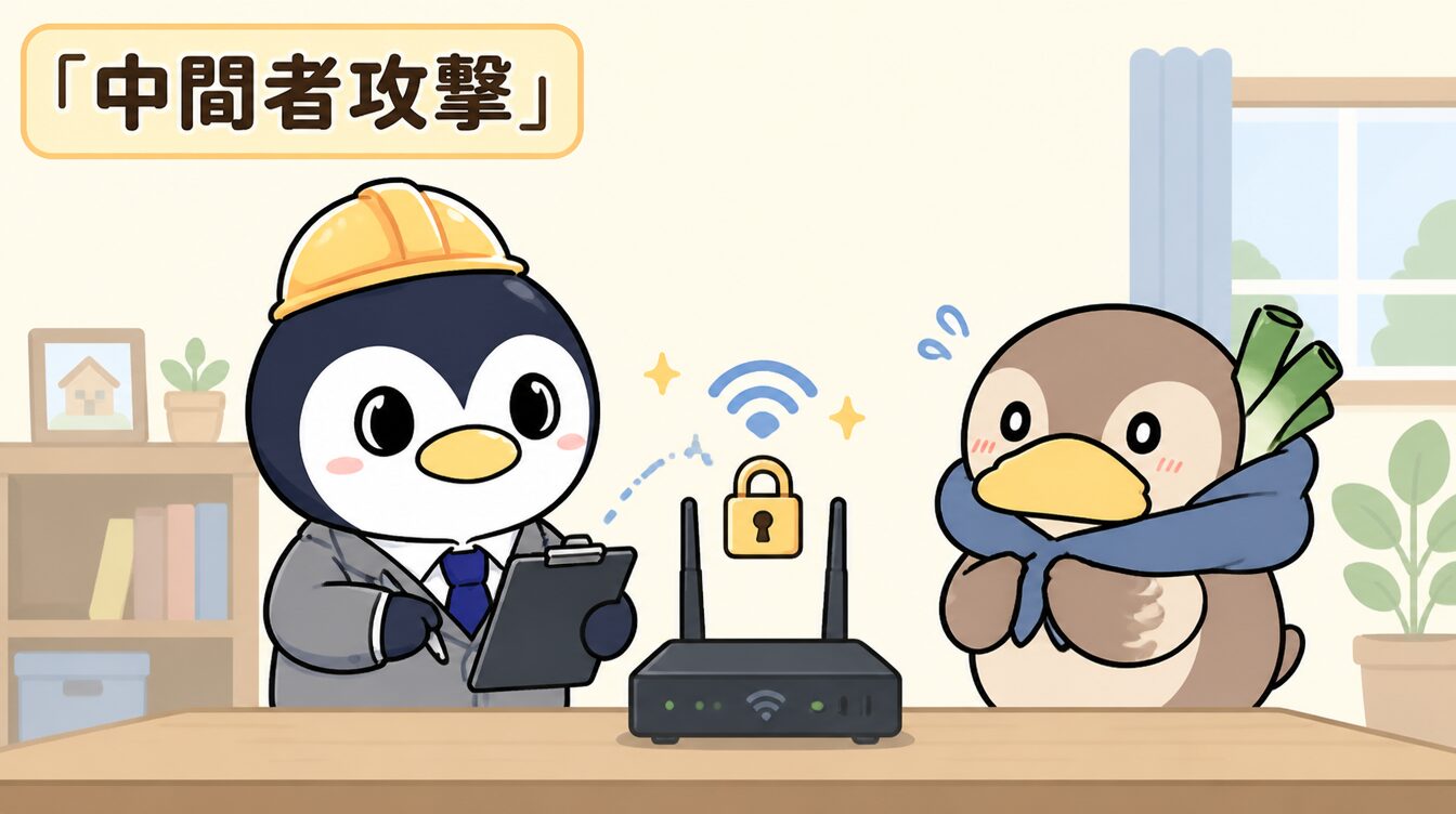 かも次郎とアンペンが「中間者攻撃」を解説するマスコットイラスト