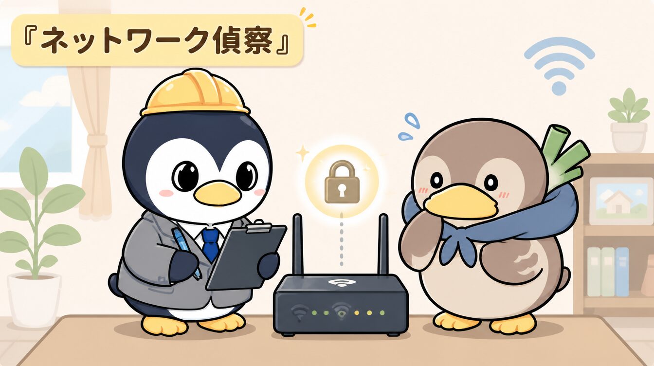 かも次郎とアンペンが「ネットワーク偵察」を解説するマスコットイラスト