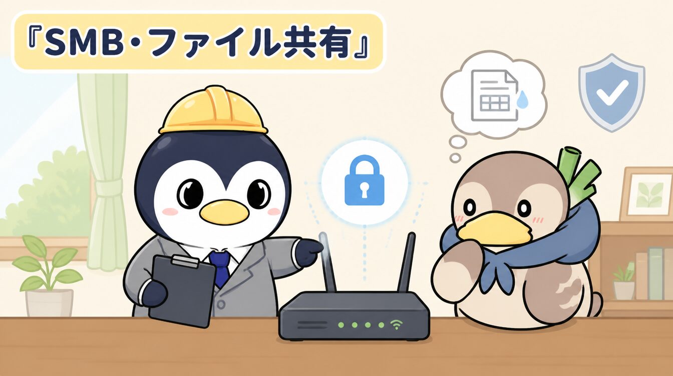 かも次郎とアンペンが「SMB・ファイル共有」を解説するマスコットイラスト