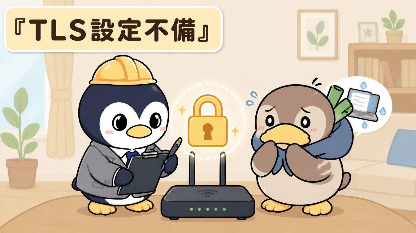 かも次郎とアンペンが「TLS設定不備」を解説するマスコットイラスト