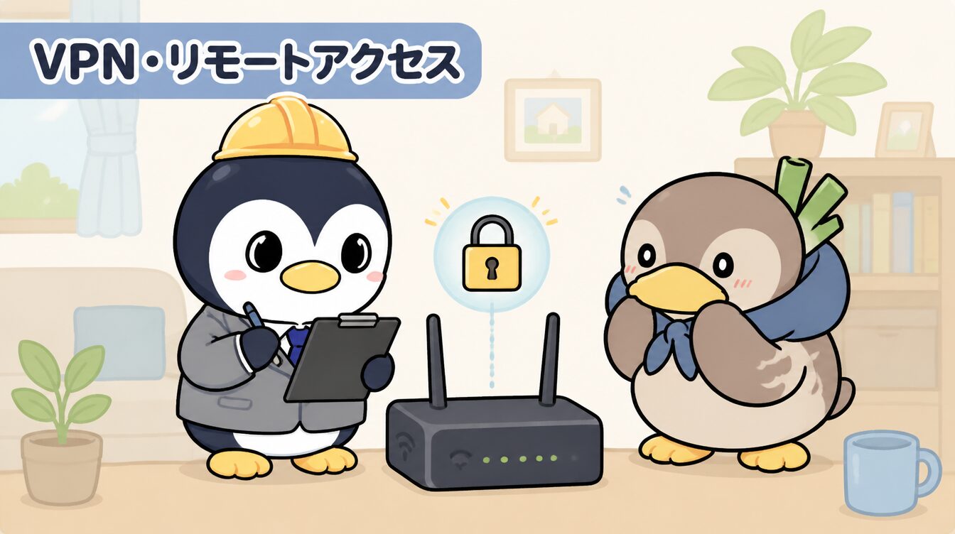 かも次郎とアンペンが「VPN・リモートアクセス」を解説するマスコットイラスト
