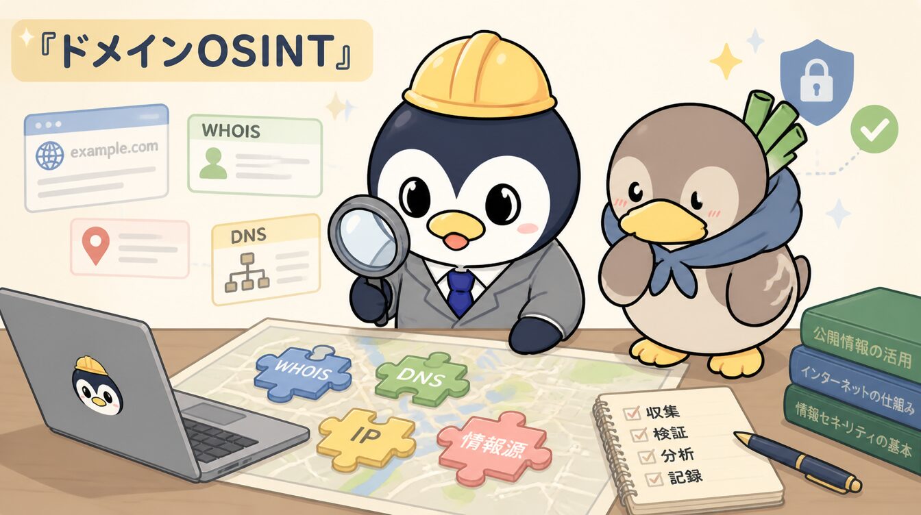 かも次郎とアンペンが「ドメインOSINT」を解説するマスコットイラスト