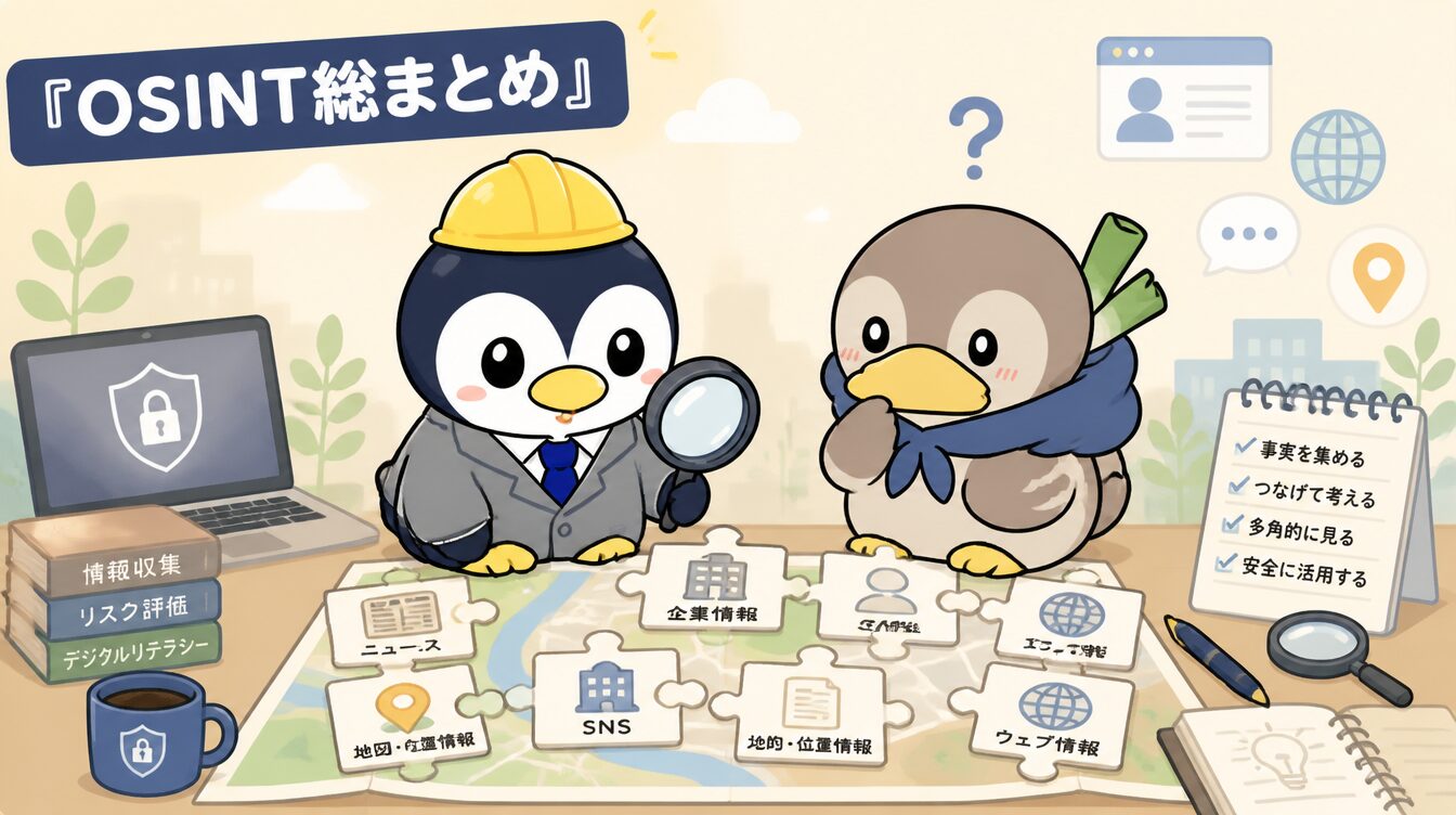 かも次郎とアンペンが「OSINT総まとめ」を解説するマスコットイラスト