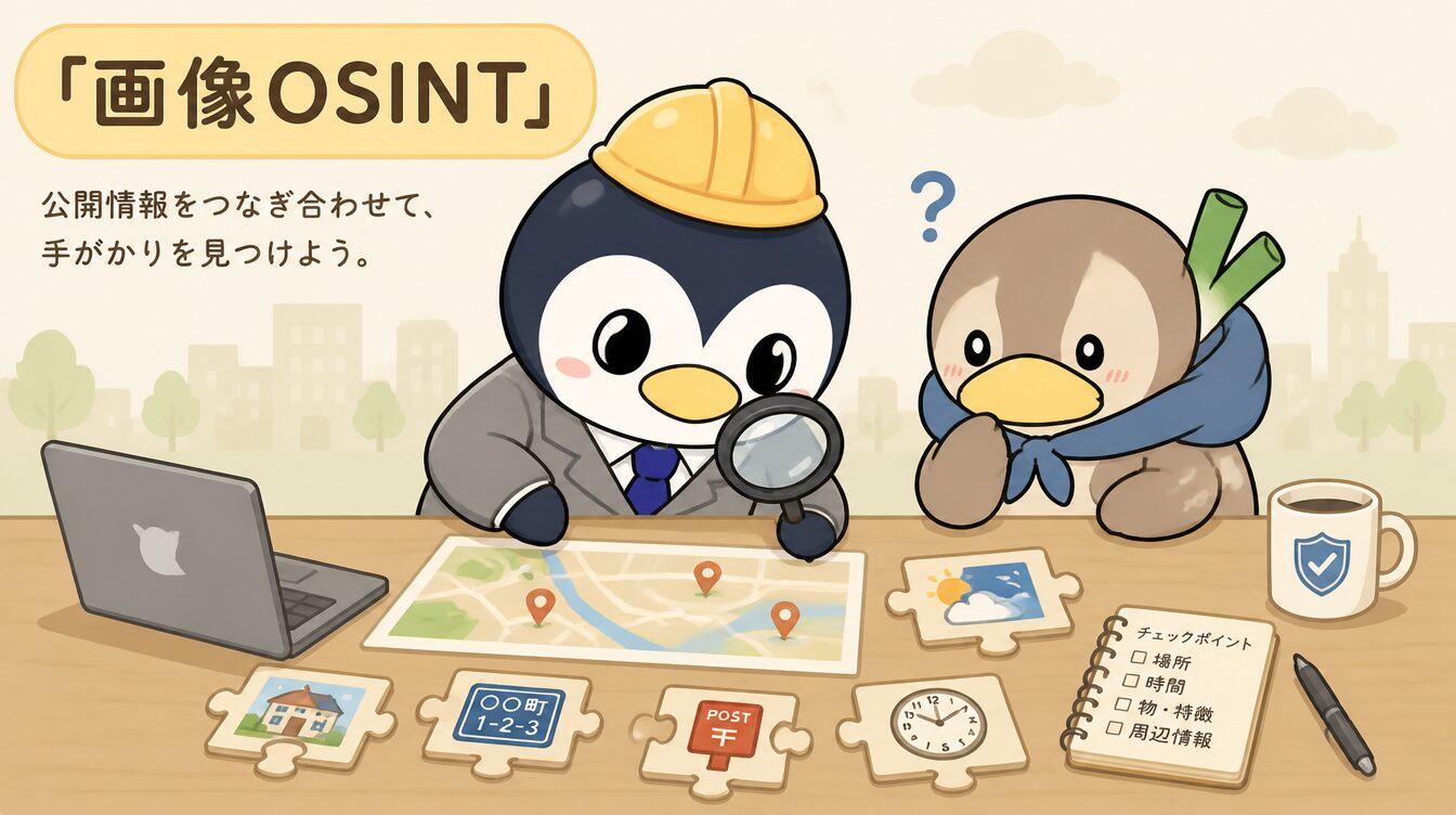 かも次郎とアンペンが「画像OSINT」を解説するマスコットイラスト