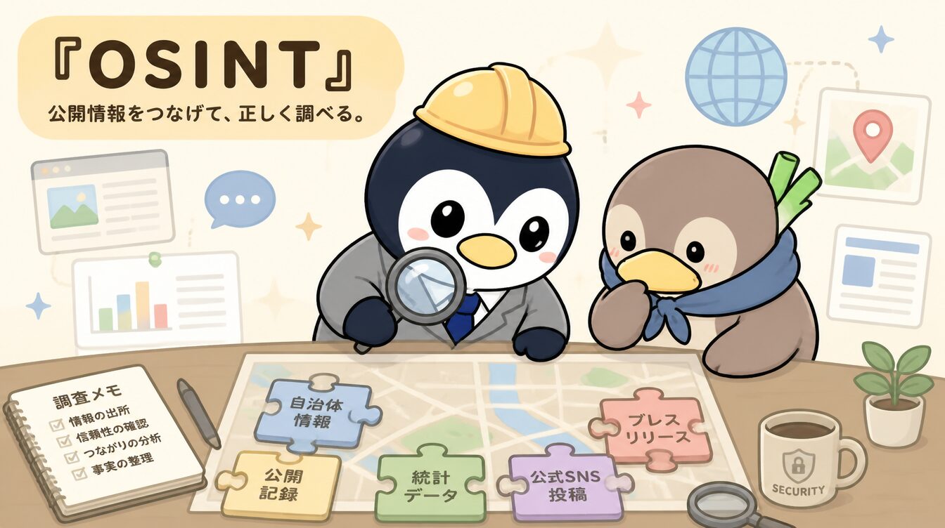 かも次郎とアンペンが「OSINT」を解説するマスコットイラスト