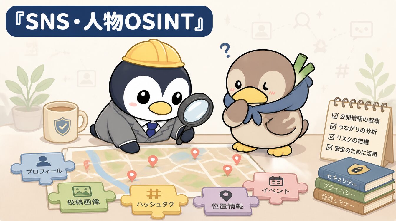 かも次郎とアンペンが「SNS・人物OSINT」を解説するマスコットイラスト