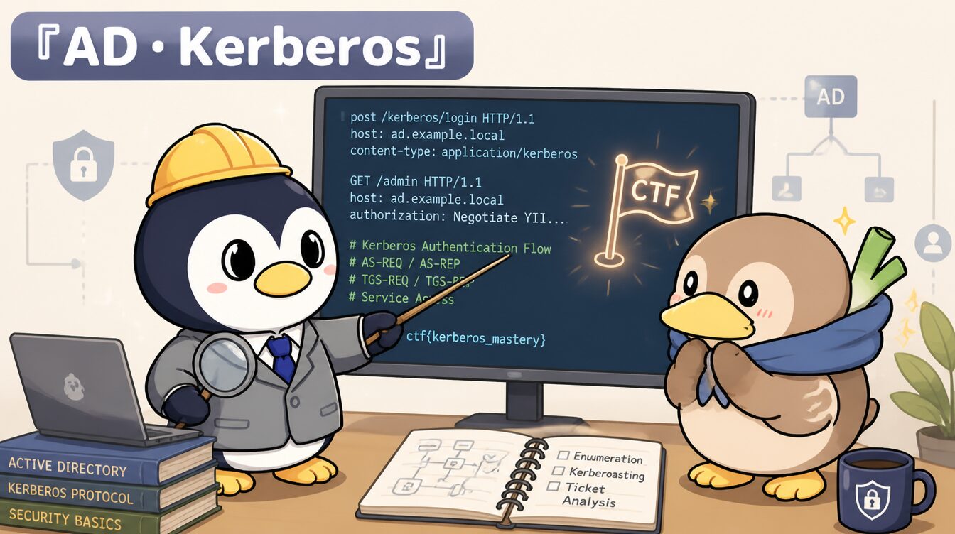 かも次郎とアンペンが「AD・Kerberos」を解説するマスコットイラスト