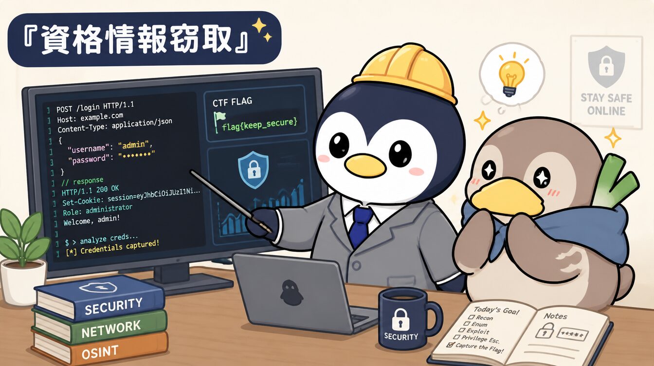 かも次郎とアンペンが「資格情報窃取」を解説するマスコットイラスト