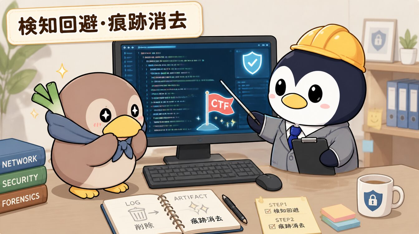 かも次郎とアンペンが「検知回避・痕跡消去」を解説するマスコットイラスト