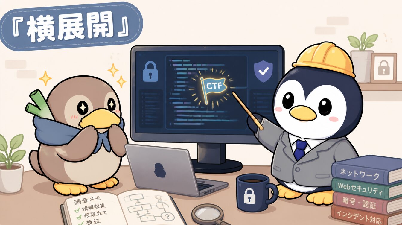 かも次郎とアンペンが「横展開」を解説するマスコットイラスト